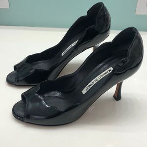 Manolo Blahnik Shiny Black Peep-Toe Heels